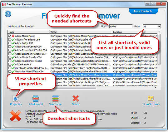 Select the shortcuts for deletion